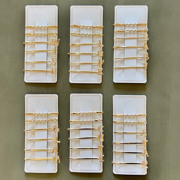 Gold WISH Individual Bamboo Texture Letters Rhinestone Six 6 Piece Bobby Pin Set - Picture 2 of 2